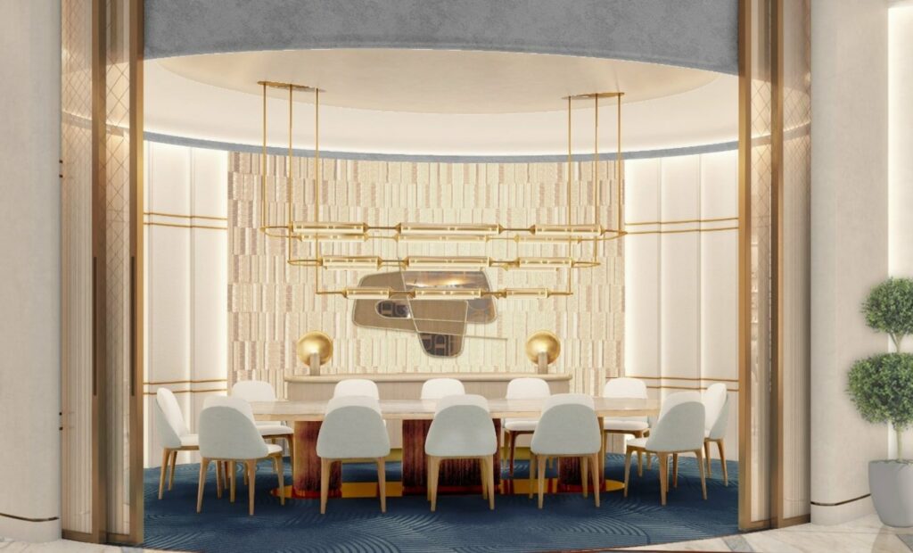 Modern room with gold doors and lighting and white chairs and walls with a lot of light