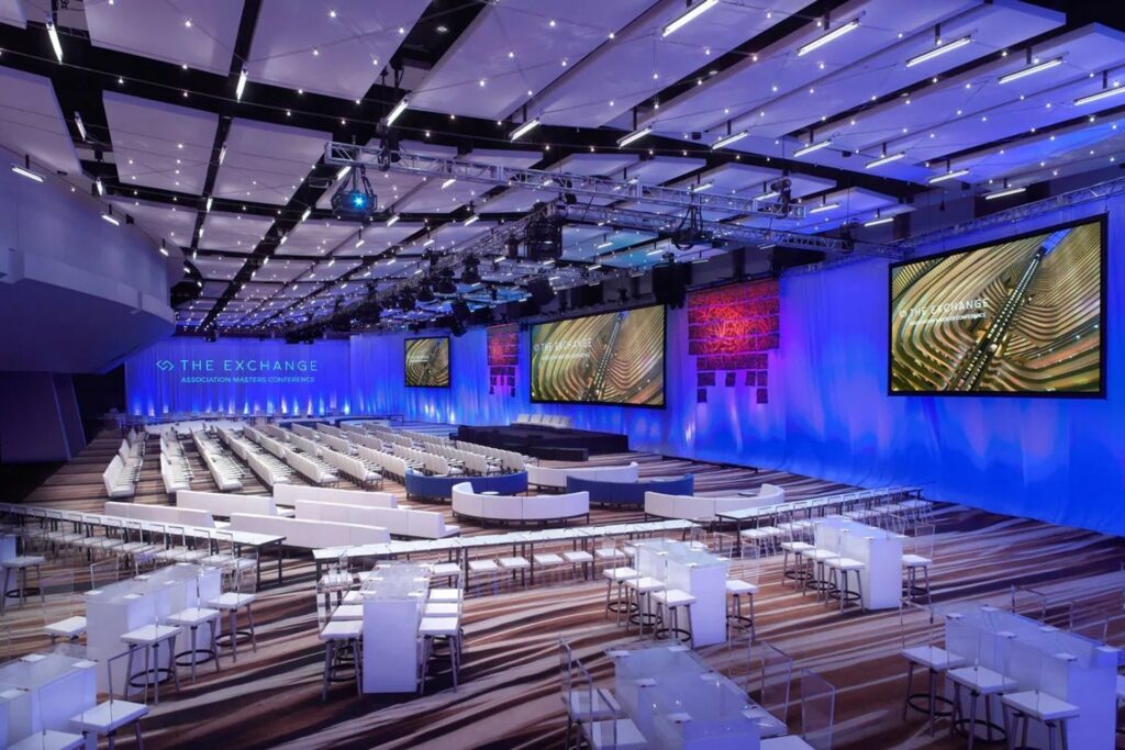 A huge event space with 3 LED Screens, and state of the art audio visual equipment