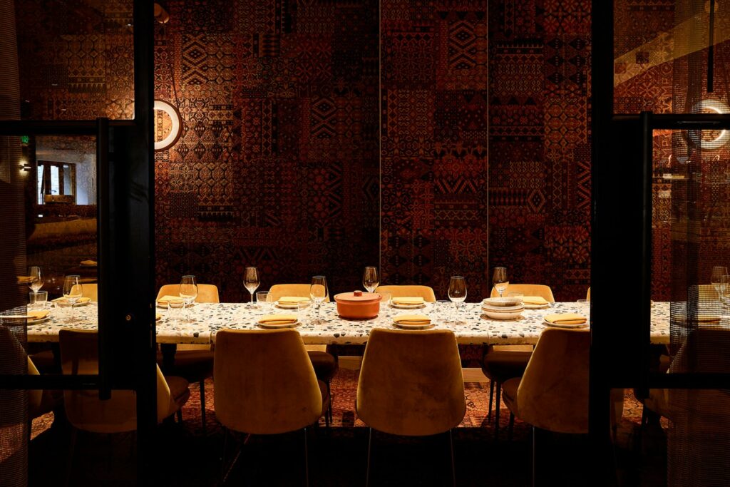 The Dali Room seats up to 18 guests and is adorned with Moroccan-inspired carpeting and terrazzo tables to complement the cuisine of the Mediterranean.