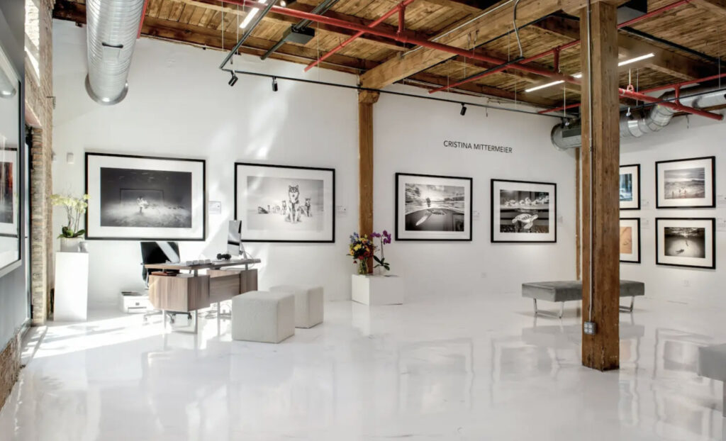 Morgan Arts complex in Chicago with white walls, white tile flooring, and wood beam ceilings